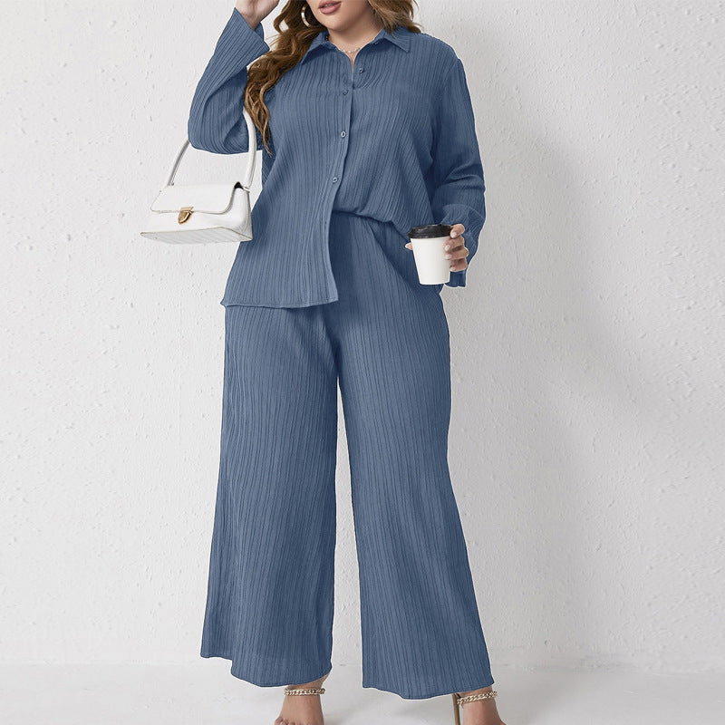 Plus Size Pleated Casual Loose Shirt High Waist Trousers Two Piece Set