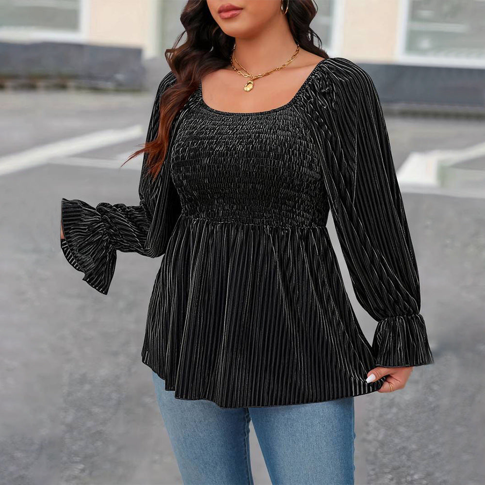 Plus Size Women Square Collar Flare Sleeve T Shirt Autumn Winter Elegant Waist Slimming Velvet Top