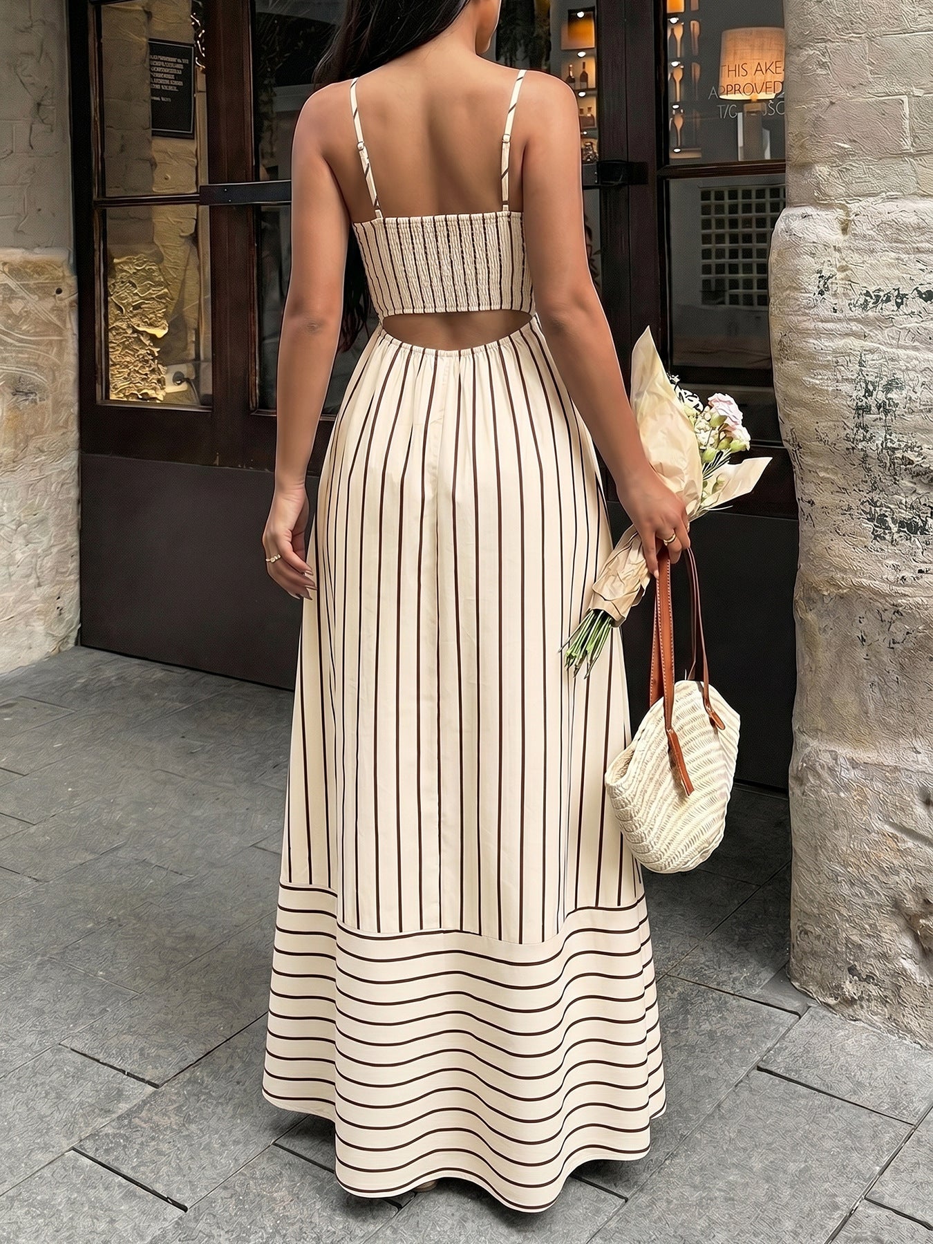 Casual Vacation Striped Spaghetti Straps Backless Waist Trimming Dress  Shop One Place