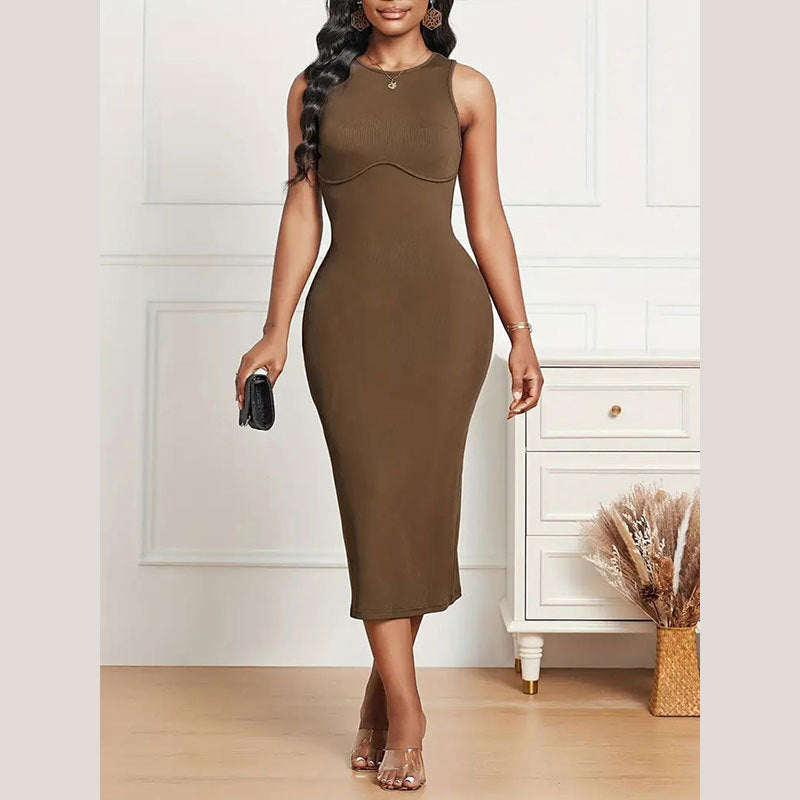 Elegant Slim Fit Round Neck Back Cross Strap Knitted Dress