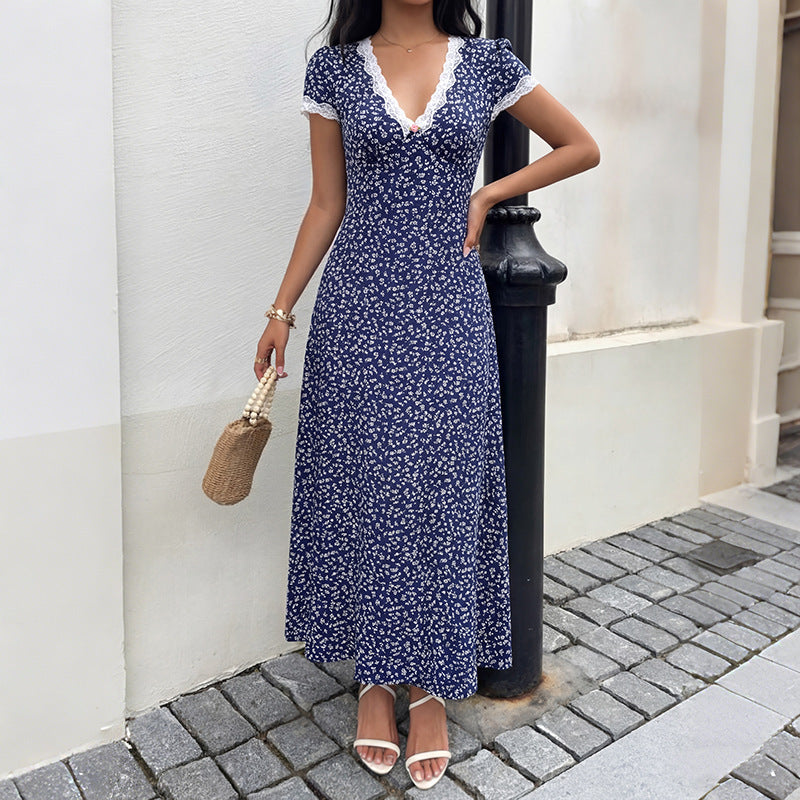 Sweet Vacation Lace V neck Patchwork Short Sleeve Floral Dress  Shop One Place