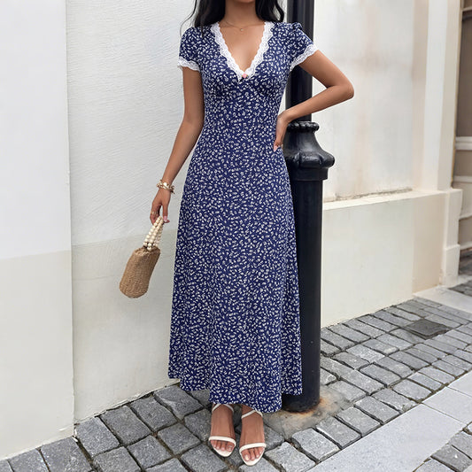 Sweet Vacation Lace V neck Patchwork Short Sleeve Floral Dress  Shop One Place