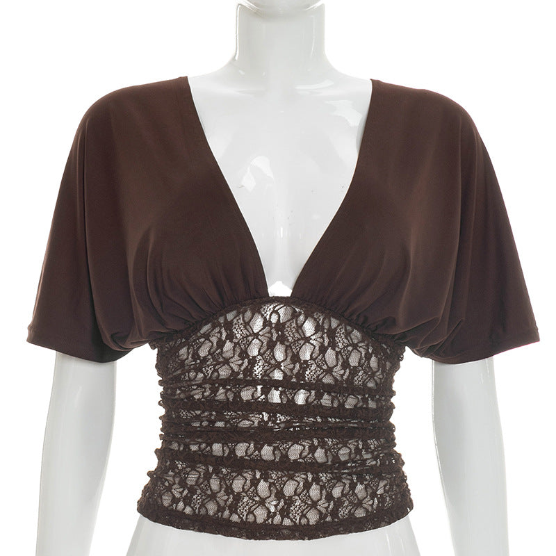 Spring Summer Elegant Slim Deep V Plunge Batwing Sleeve Splicing Lace Top Women  Shop One Place