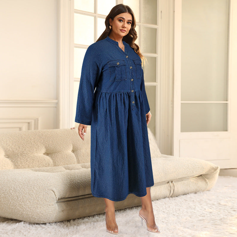 Plus Size Denim Stand Collar Button Long Sleeve Dress