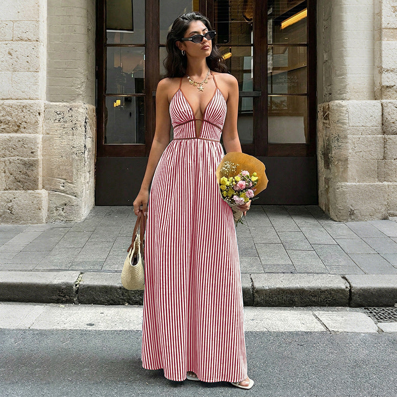 Summer V neck Striped Holiday Dress Elegant Backless Sleeveless Halter Maxi Dress Women  Shop One Place