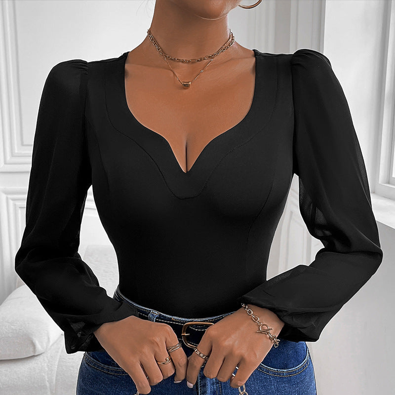 Women Black Mesh Stitching V neck Jumpsuit