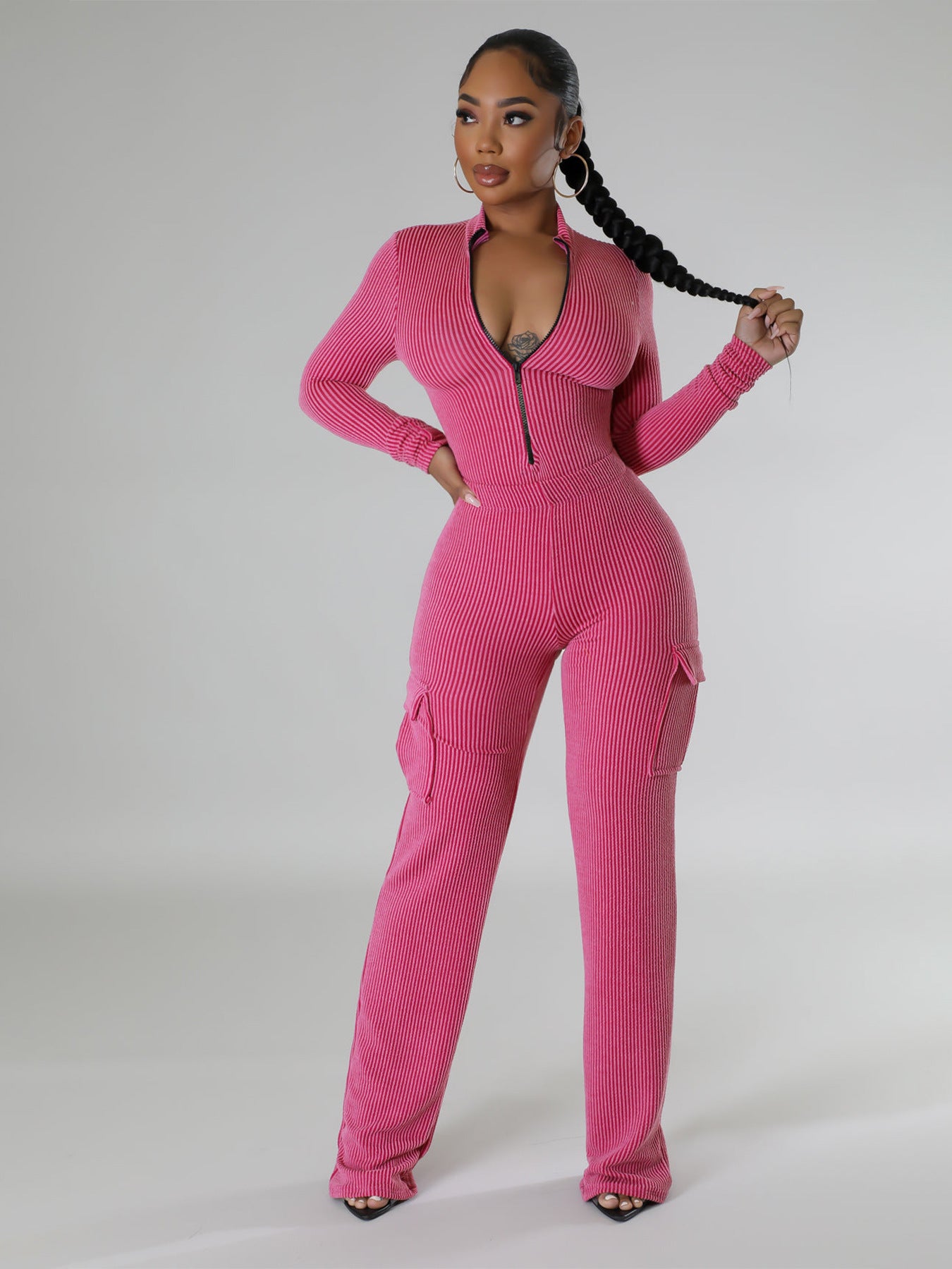 Elastic Twist Strip High Waist Long Sleeves Jumpsuit Overalls Two Piece Sets