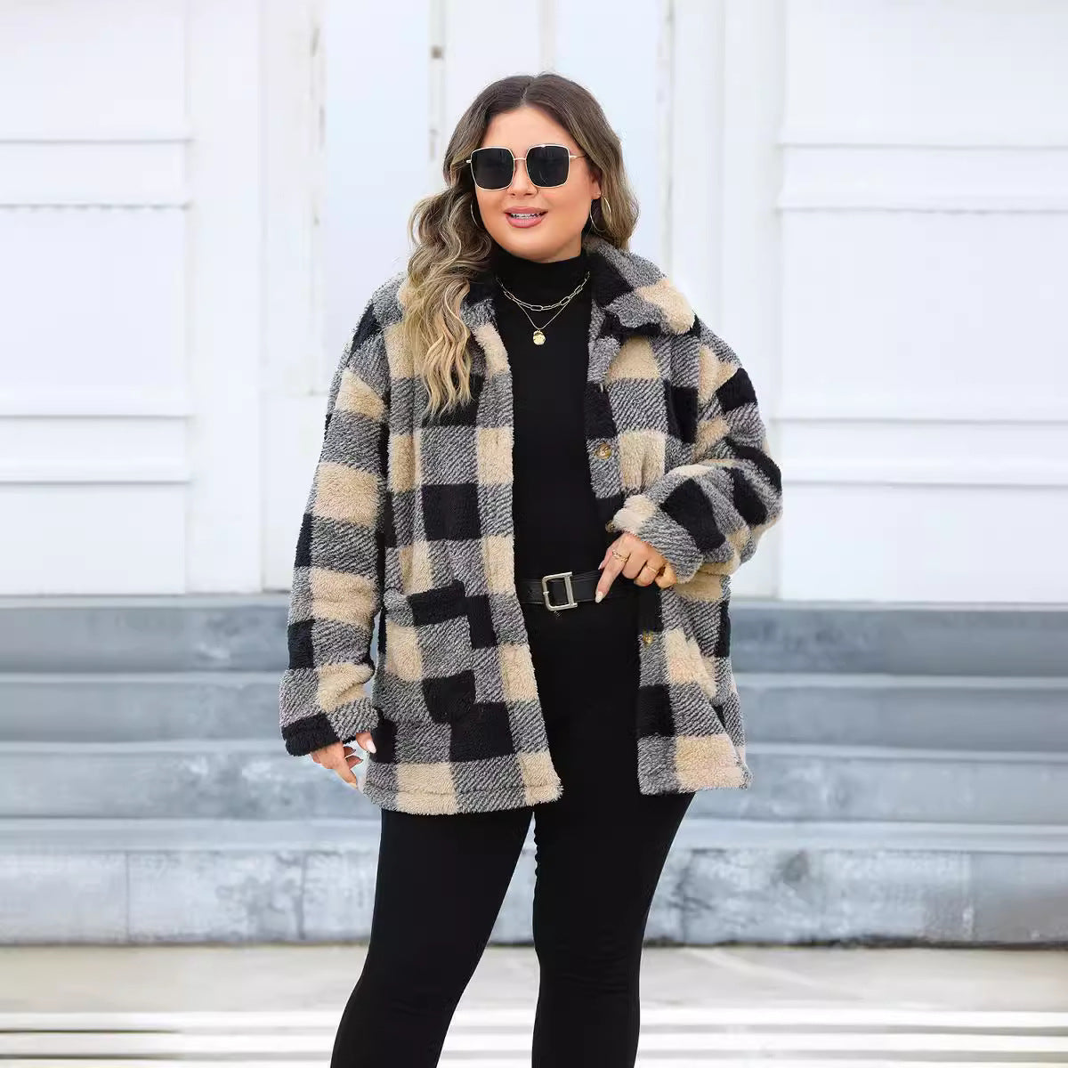 Plus Size Plaid Thickened Fleece Turn Down Collar Coat