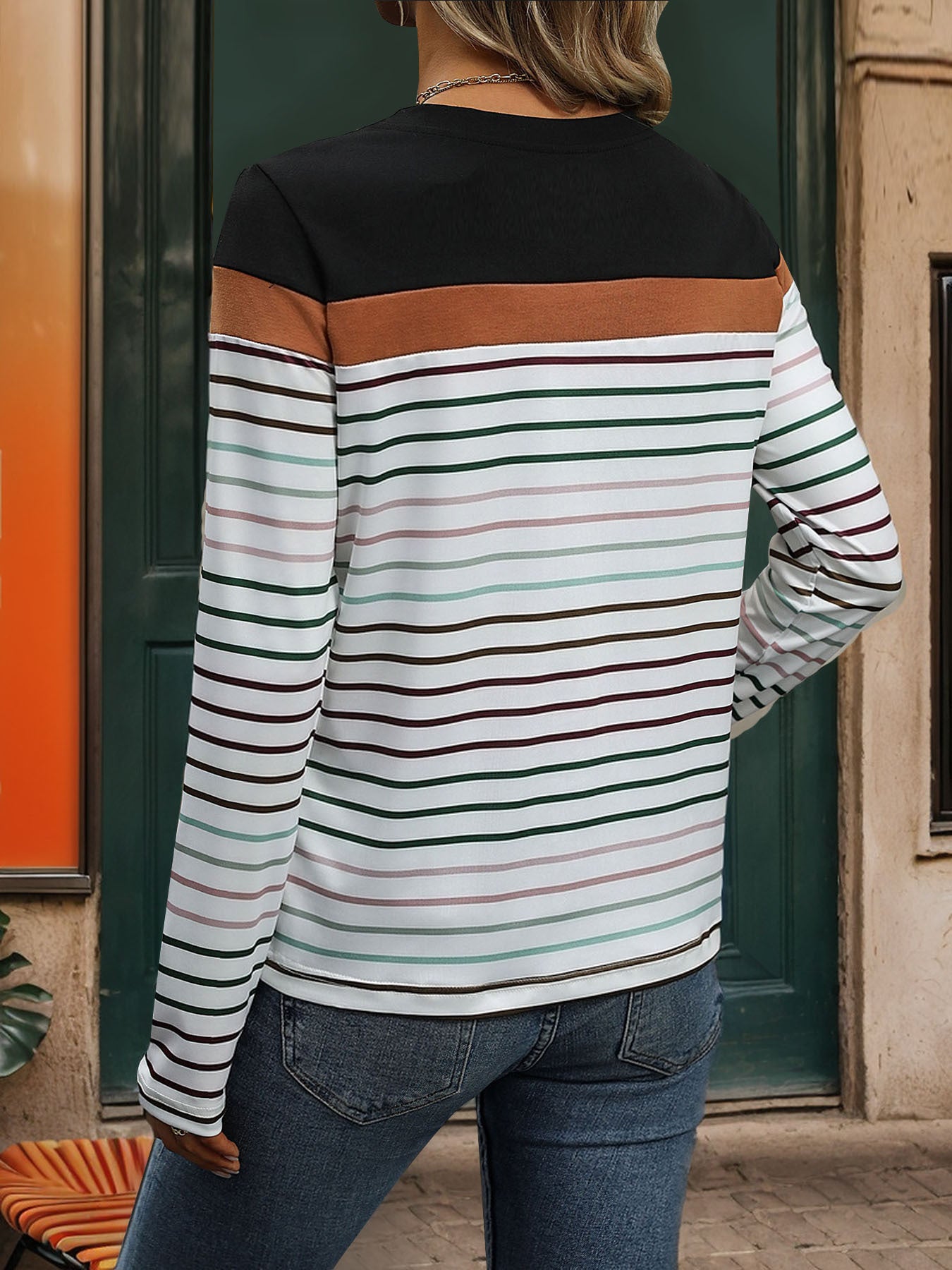 Round Neck Color Stripes Color Contrast Long Sleeve T shirt Casual Fall Winter Base Top Women