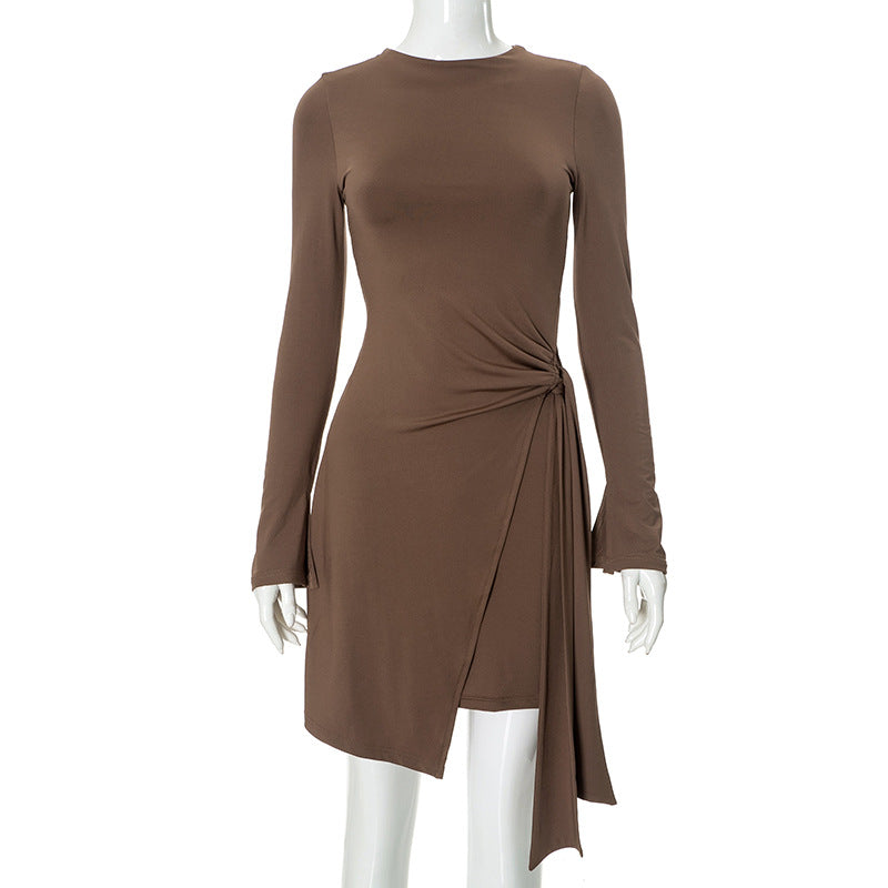 Solid Color round Neck Long Sleeve Side Strap Dress