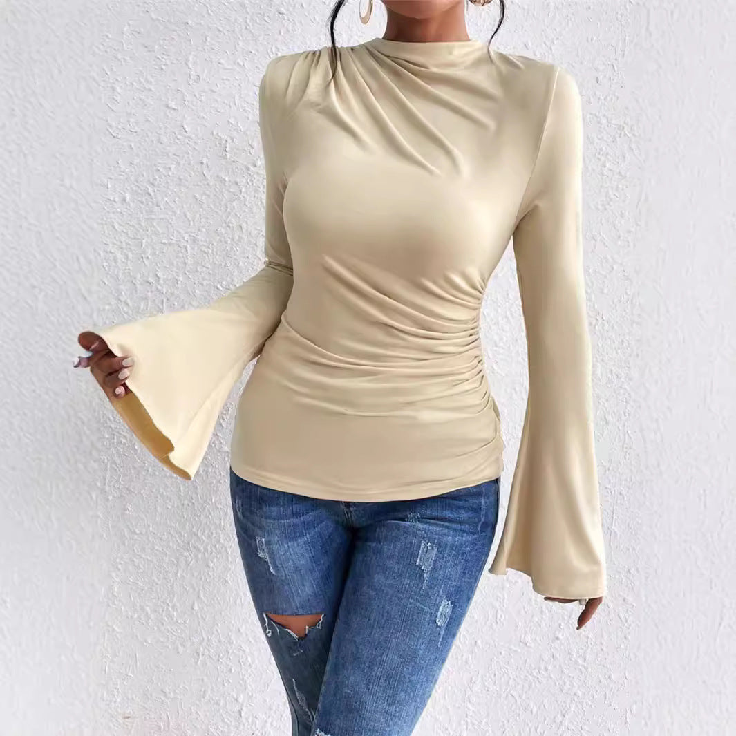 Pleating Bell Sleeve Stand up Collar Slim Fit T shirt  Shop One Place