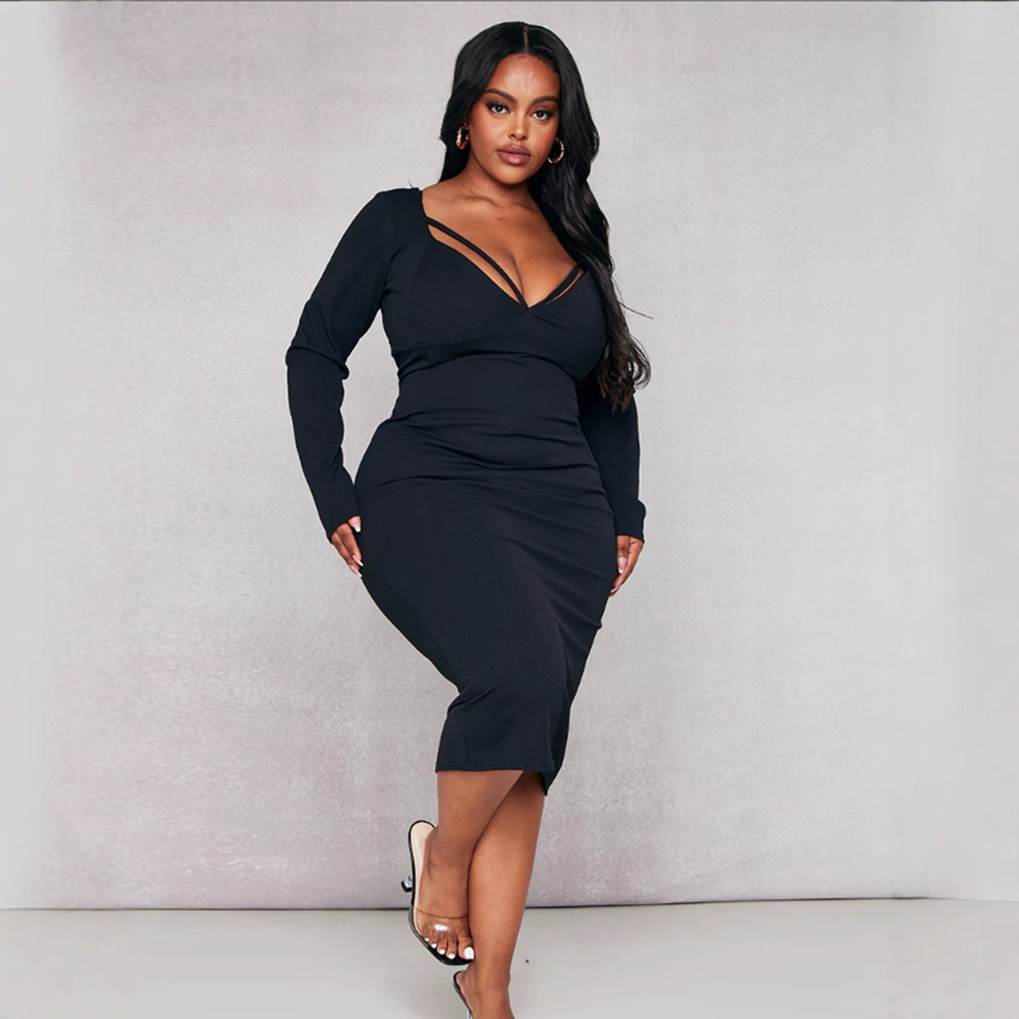 Plus Size Women Clothing Sexy Thin Band V neck Long Sleeve Dress Slim Slimming Hip Wrapped Mid Length Dress  Shop One Place