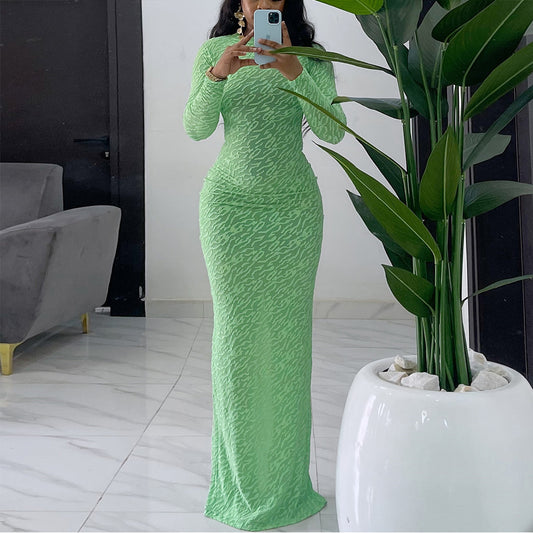 Round Neck Long Sleeve Flocking Slim Fit Dress  Shop One Place