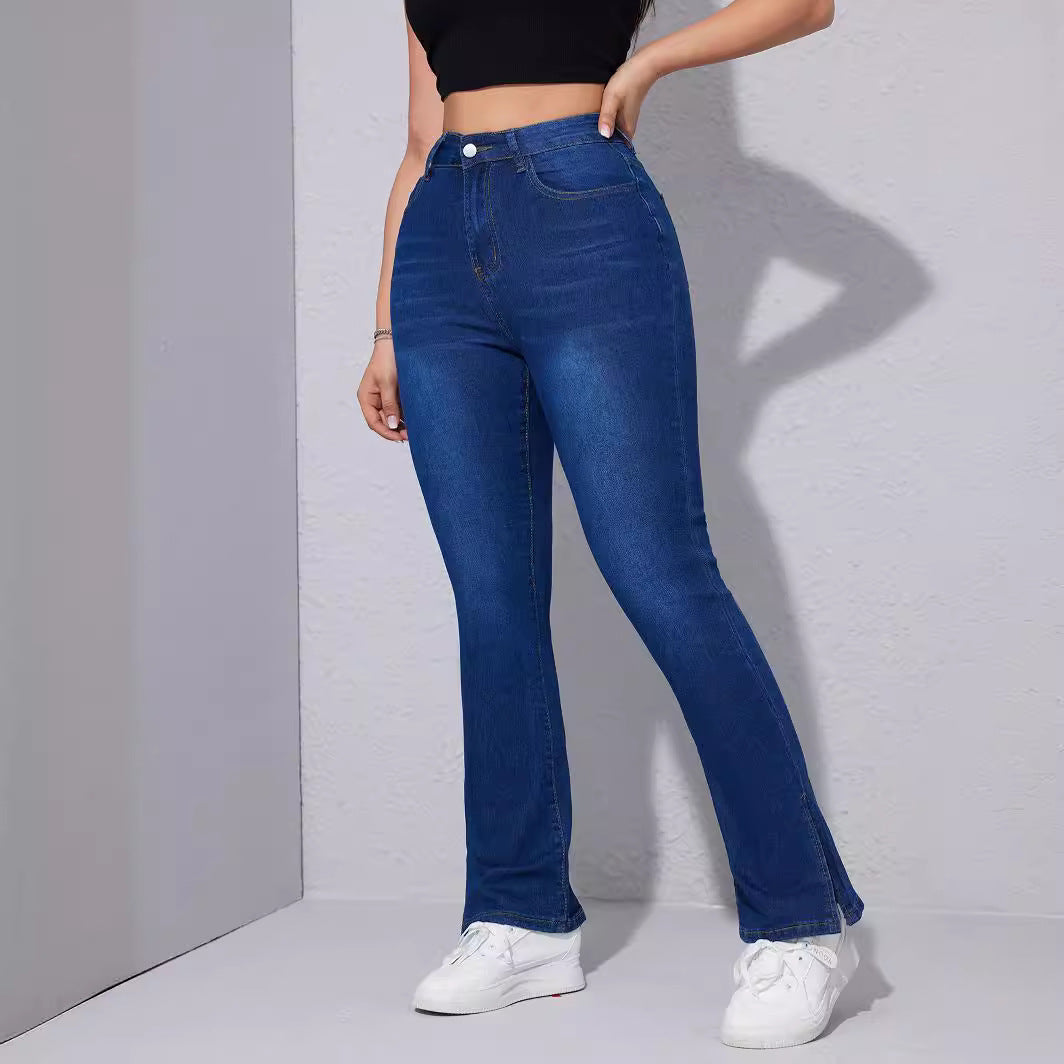 High Waist Stretch Foot Slit Slim Jeans