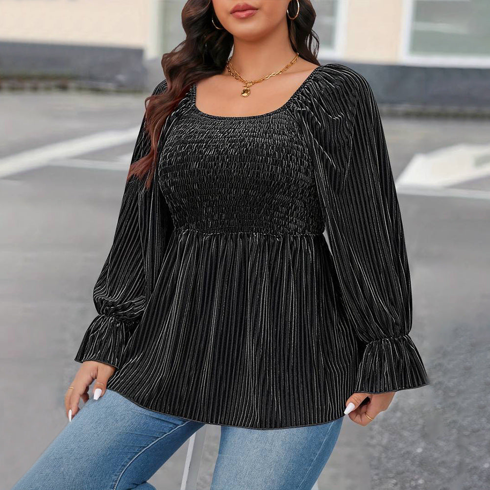 Plus Size Women Square Collar Flare Sleeve T Shirt Autumn Winter Elegant Waist Slimming Velvet Top