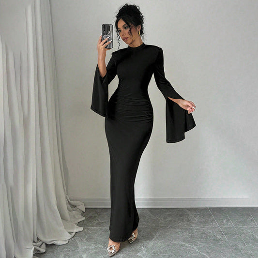 Slim Fit Solid Color round Neck Split Cuff Maxi Dress  Shop One Place