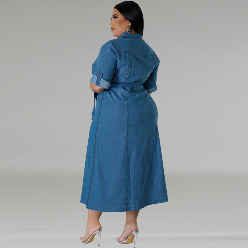 Plus Size Denim Collared Long Sleeve Tied Mid Length Dress