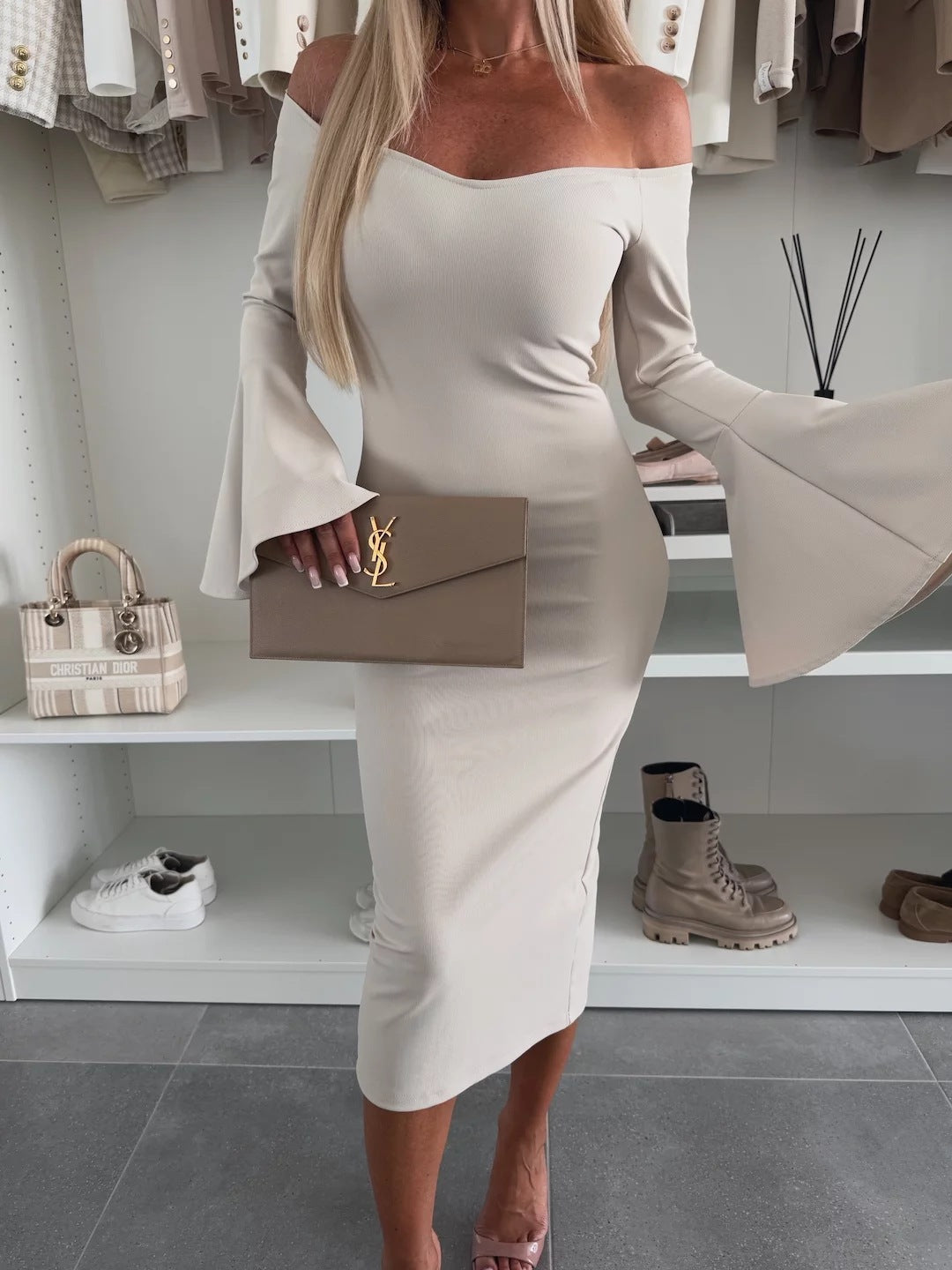 Slim off Shoulder Flared Long Sleeves Dress  Shop One Place