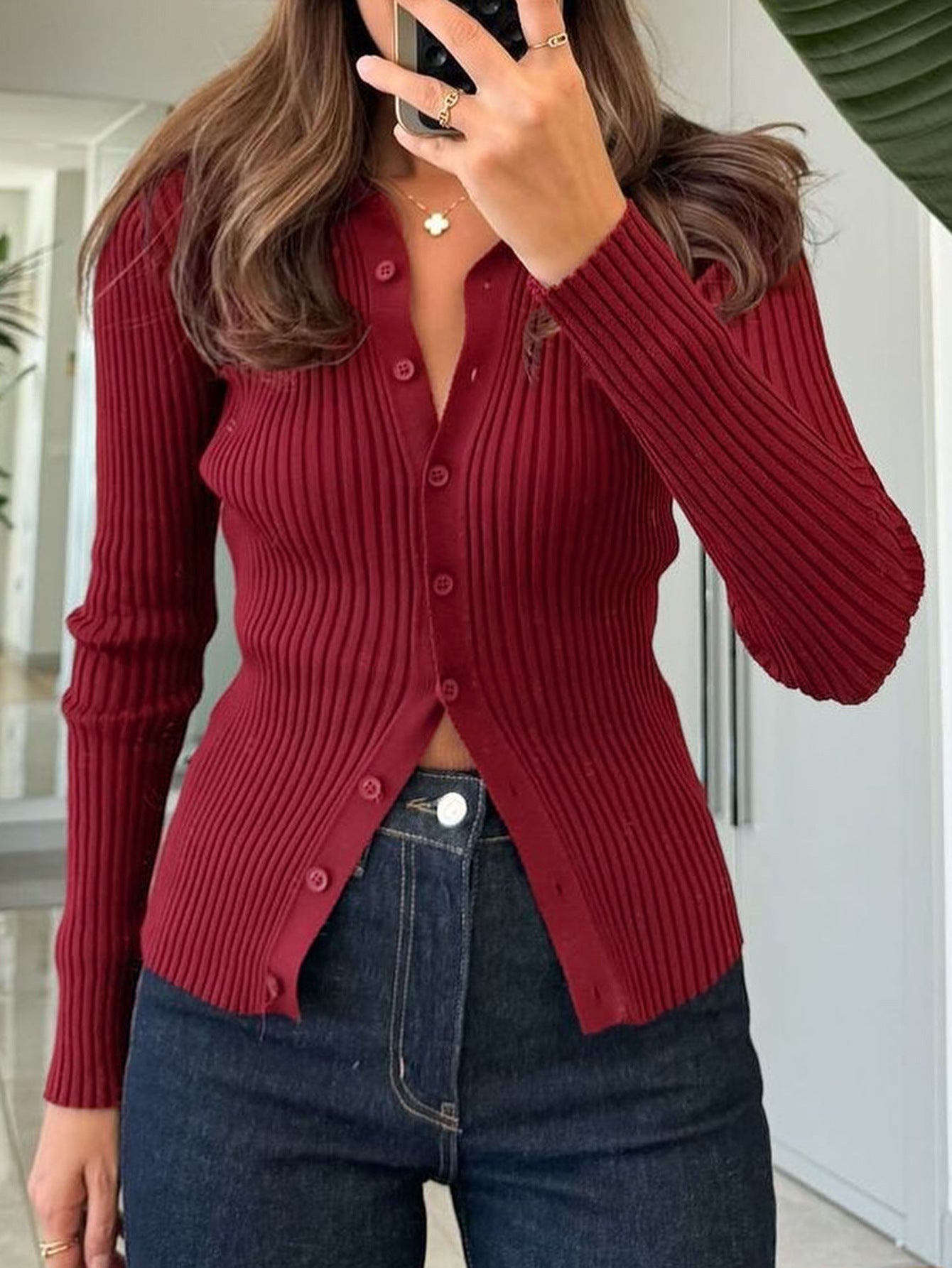 Solid Color Ribbed Long Sleeved Shirt  Shop One Place