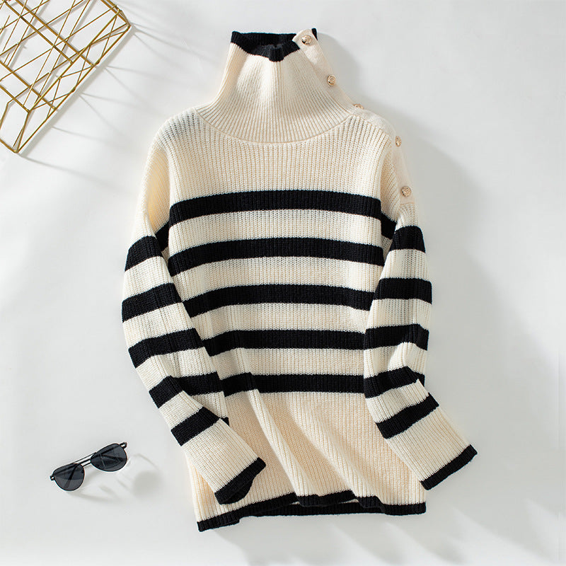 Striped Collared Pullover Casual Button Sweater