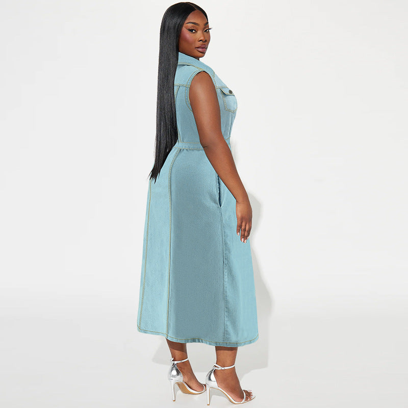 Plus Size Collared Sleeveless Denim Long Dress