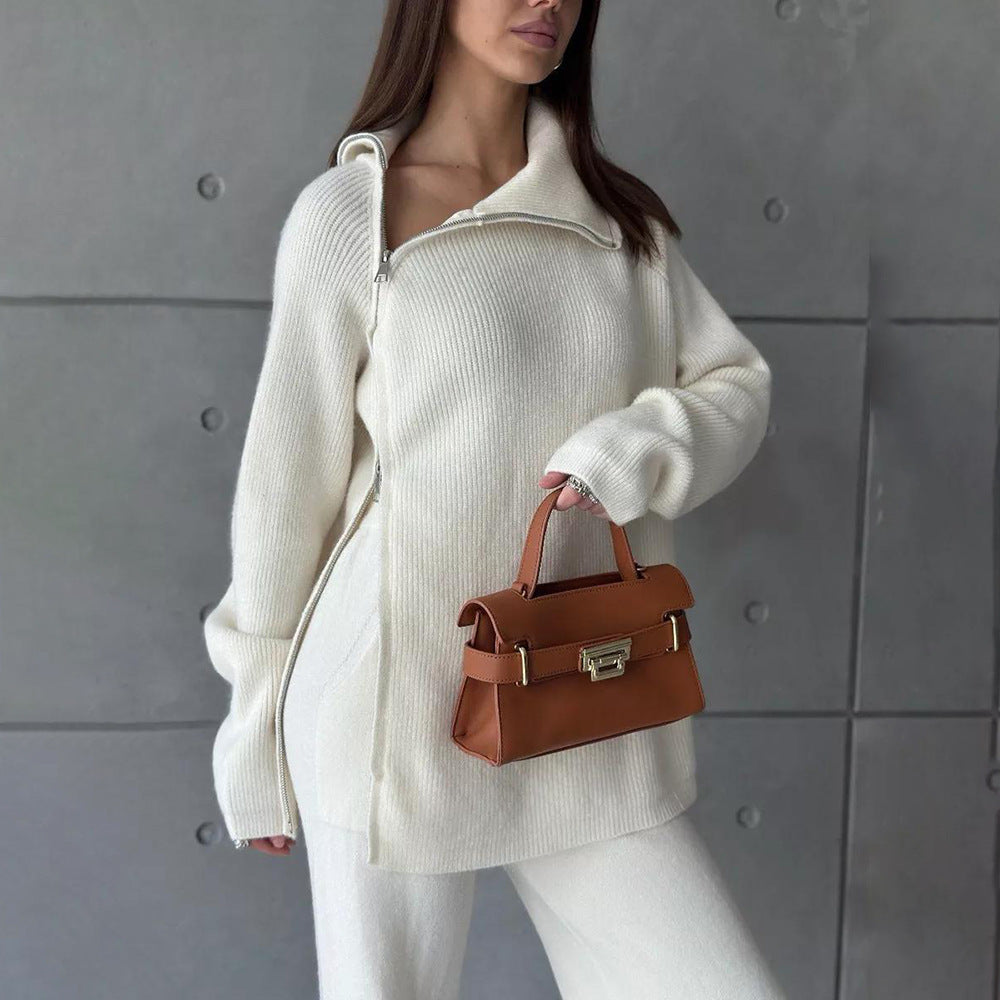 High Collar Zipper Knitted Sweater Wide Leg Two Piece Suit