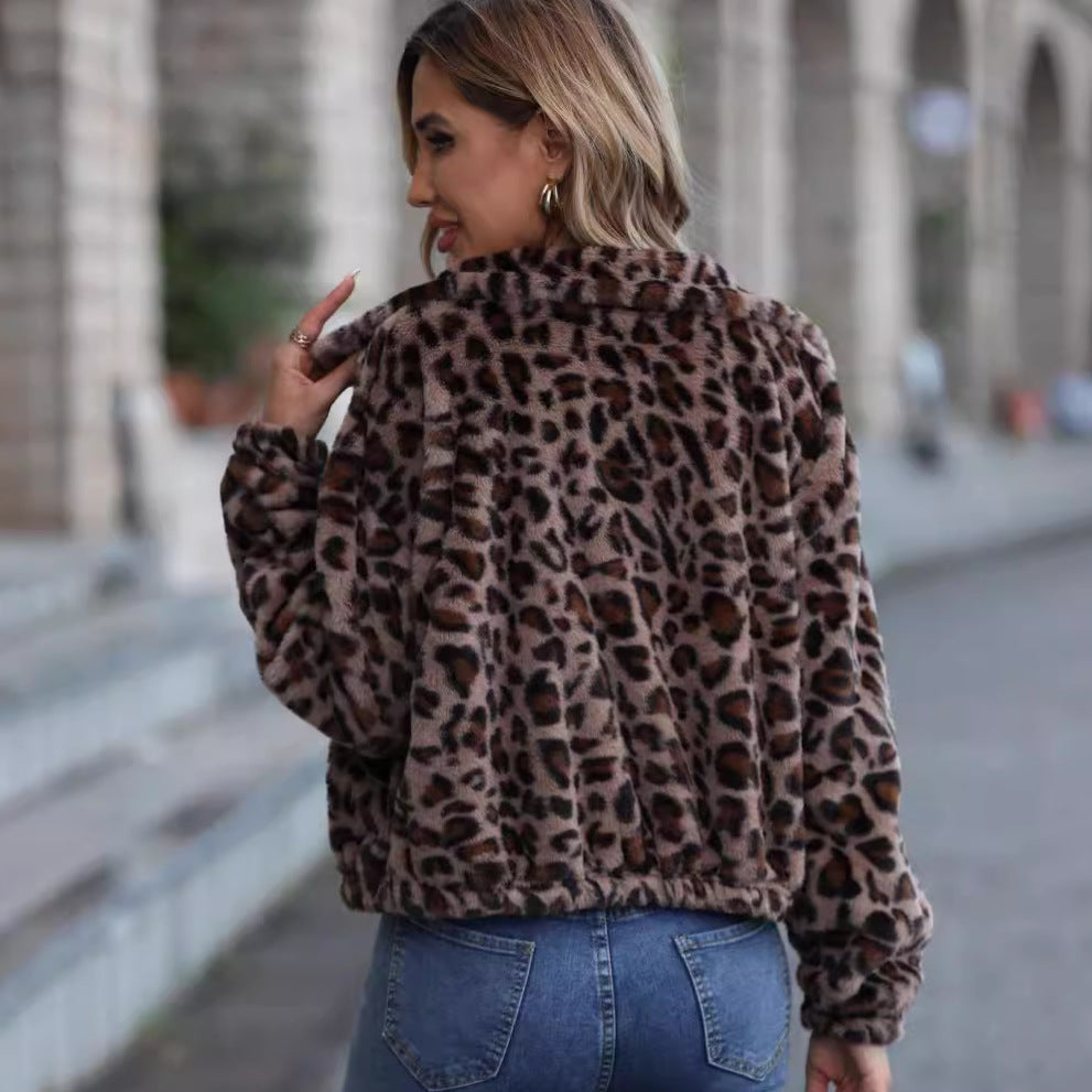 Flash Velvet Women Loose Zip Long Sleeve Leopard Print Plush Coat