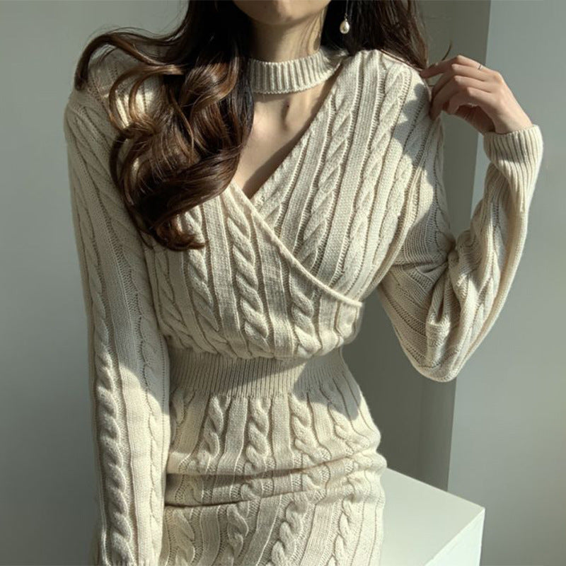 Chic Round Neck Hemp Pattern Reversible Front Back Split Sweater Dress