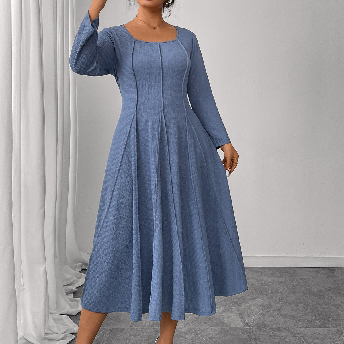 Plus Size Square Collar Long Sleeve Maxi Dress
