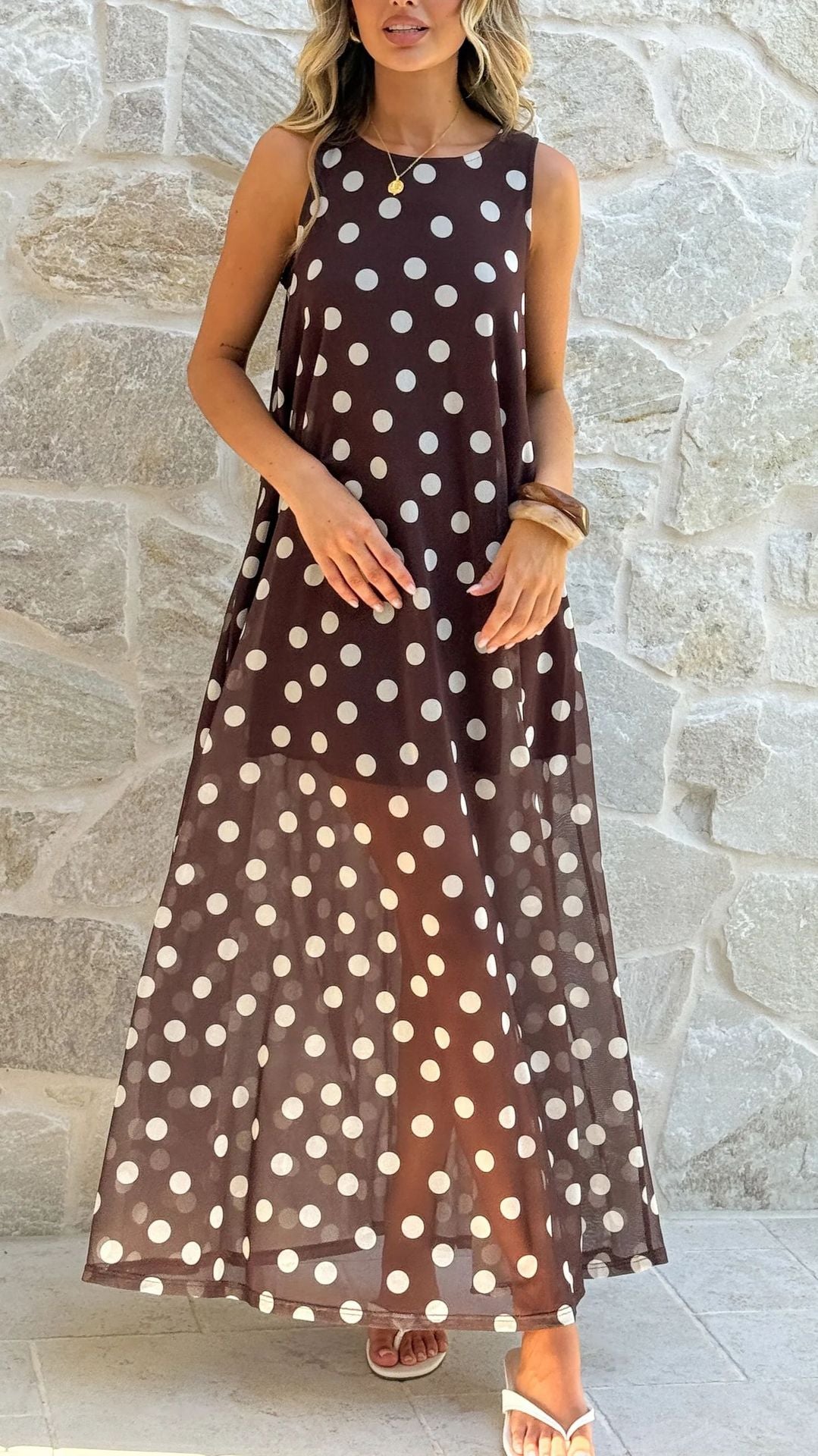 Women Summer Dress Mesh Polka Dot Printing A Swing Sleeveless Dress  Shop One Place