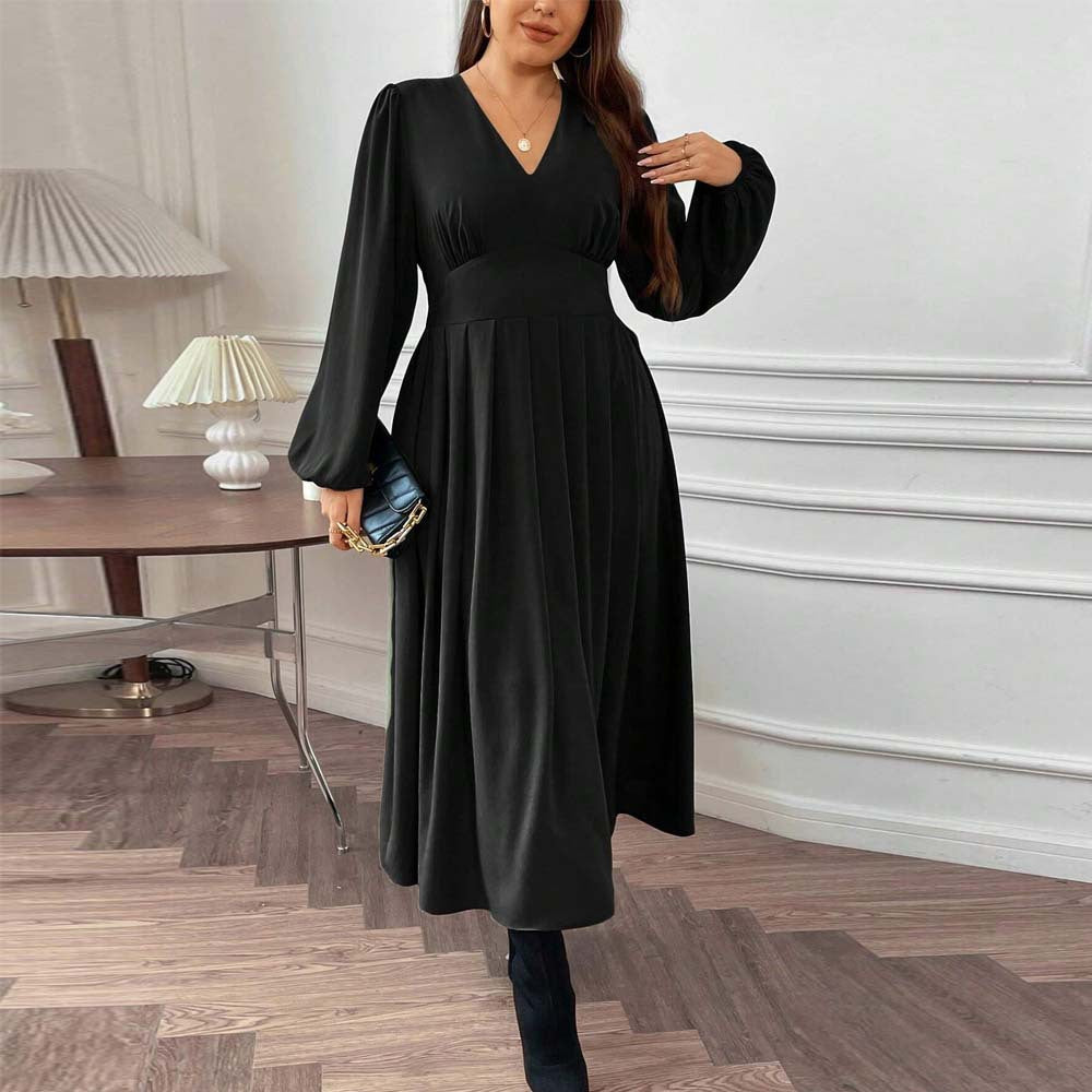 Plus Size Women Clothing Sexy V Neck Waist Puff Sleeve Midi Dress Large Swing Dress