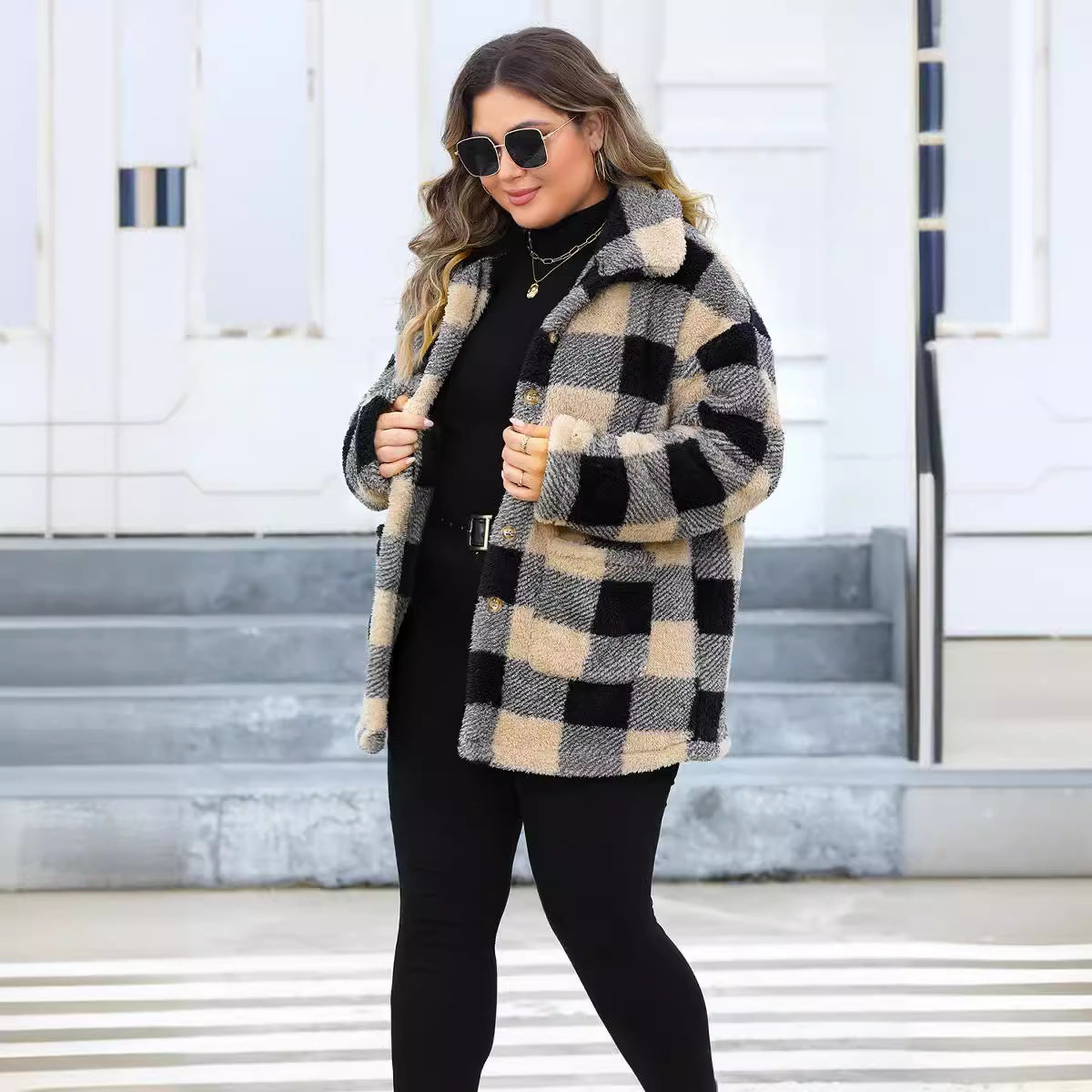 Plus Size Plaid Thickened Fleece Turn Down Collar Coat