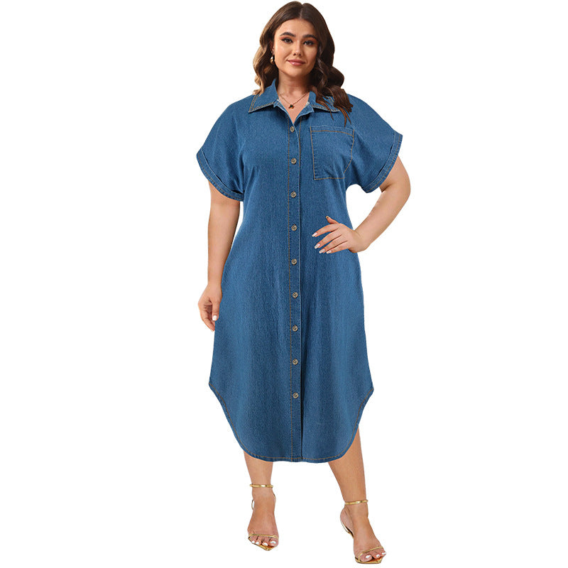 Plus Size Denim Short Sleeved Button Mid Length Width Dress