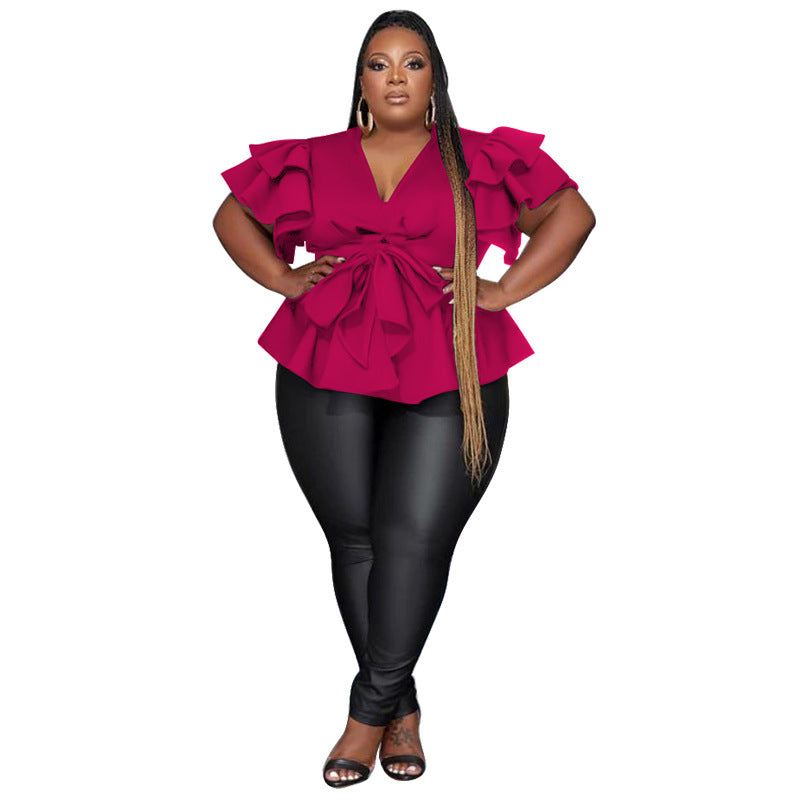 Plus Size Women Clothes Casual All Match V neck Ruffle Pleated Shirt Top