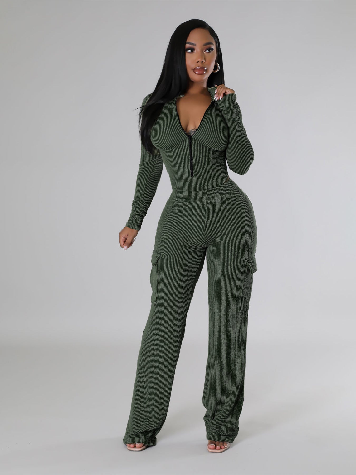 Elastic Twist Strip High Waist Long Sleeves Jumpsuit Overalls Two Piece Sets