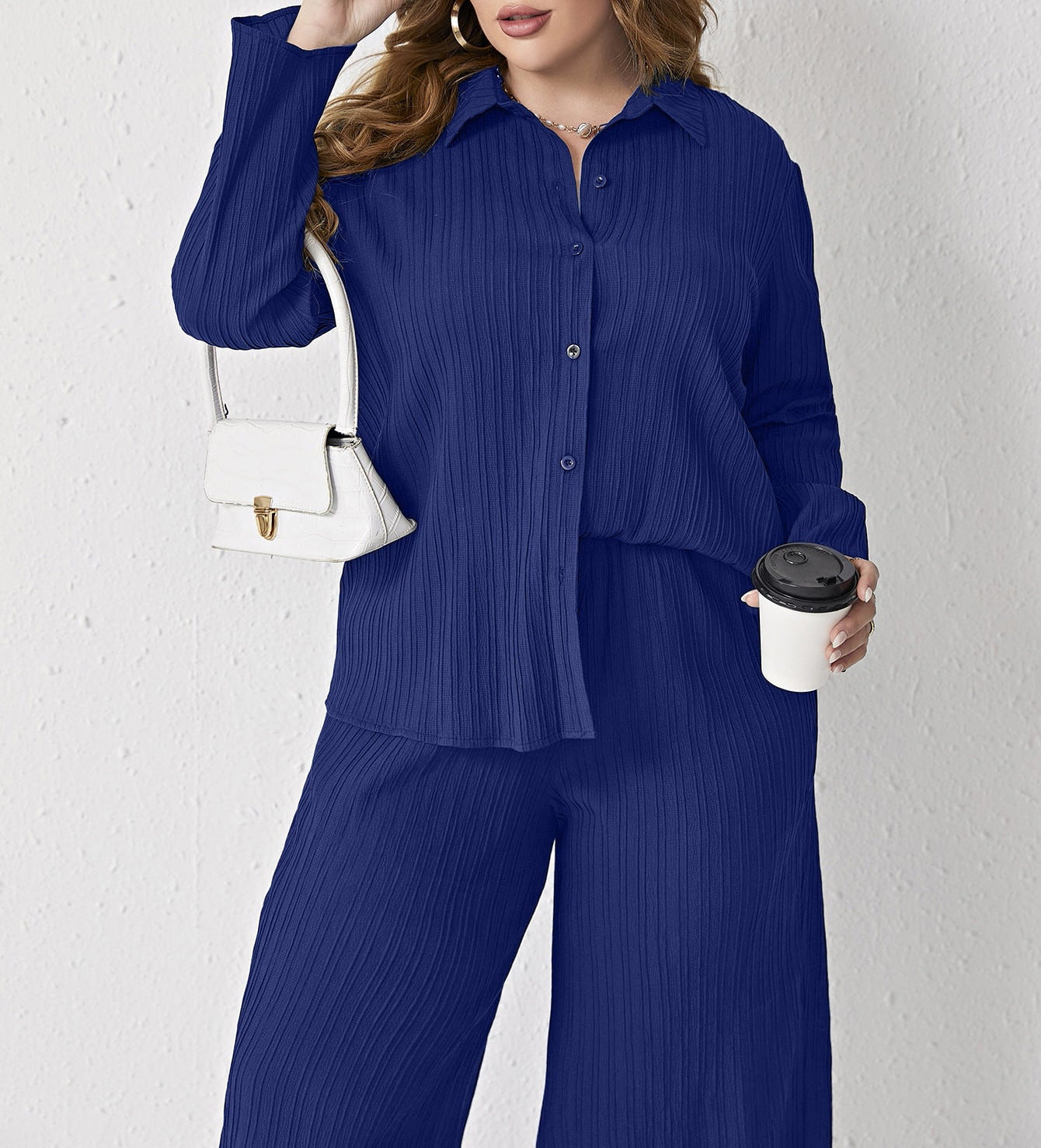 Plus Size Pleated Casual Loose Shirt High Waist Trousers Two Piece Set