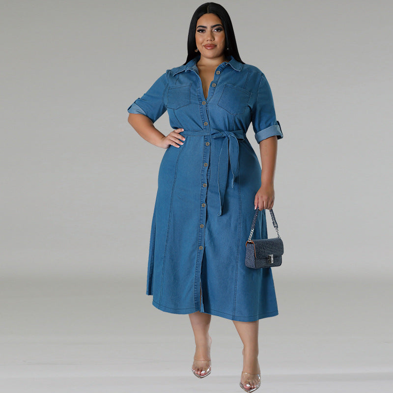 Plus Size Denim Collared Long Sleeve Tied Mid Length Dress