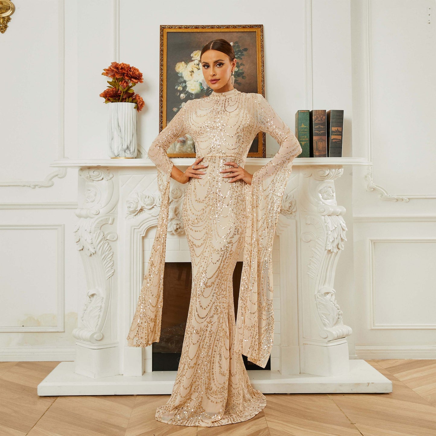 High End Sexy Long Sequined Long Sleeve Round Neck Evening Dress