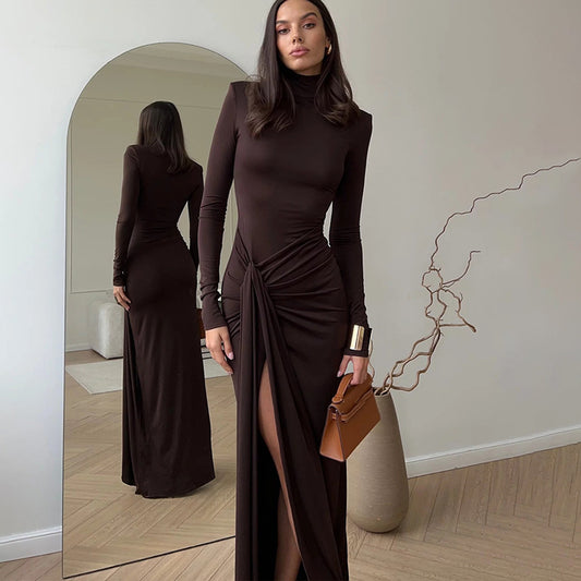 High Collar Long Sleeve Lace up Waist Controlled Slim Fit Dress  Shop One Place