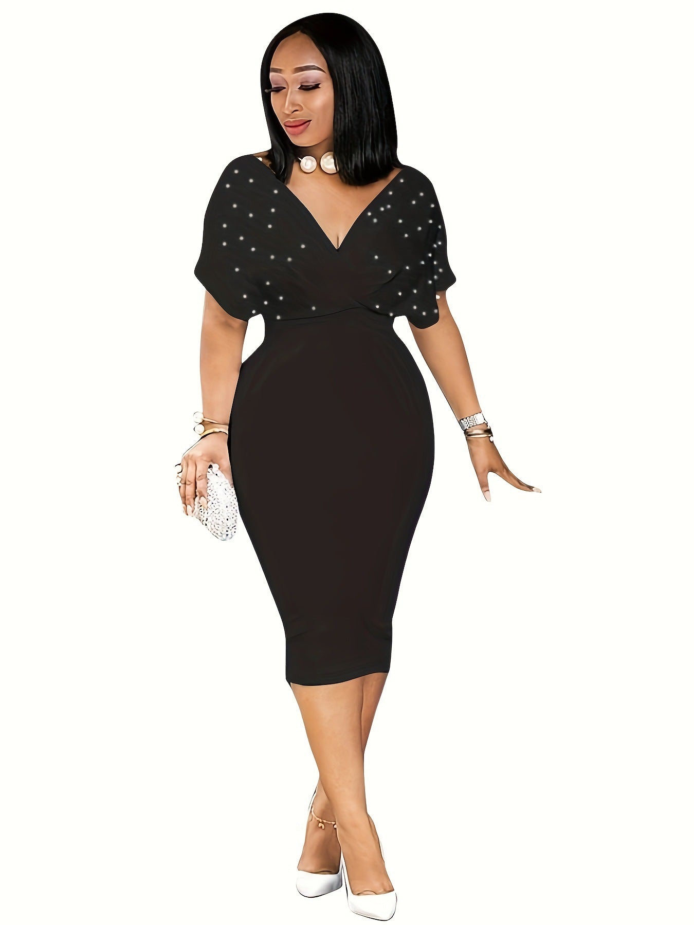 Plus Size Elegant V Neck Solid Color Midi Dress