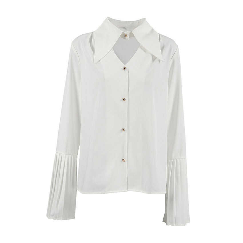 Collared Slim Fit Long Sleeve Hollow Out Chiffon Shirt - Shop One Place