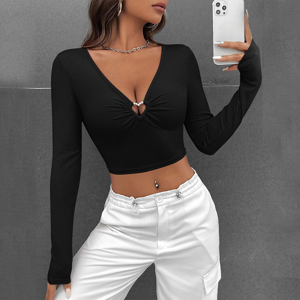 Tight Cropped V neck Long Sleeve Top