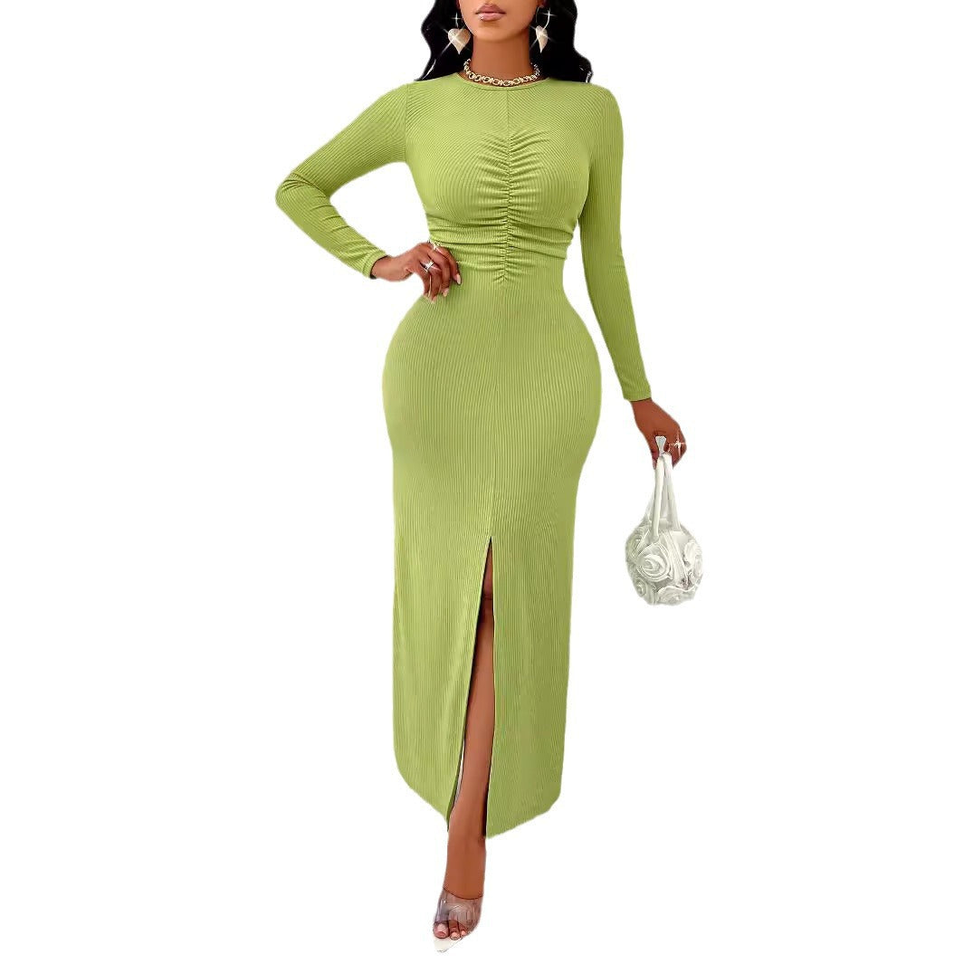 Ruched Split Long Sleeve body contouring Solid Color Dress