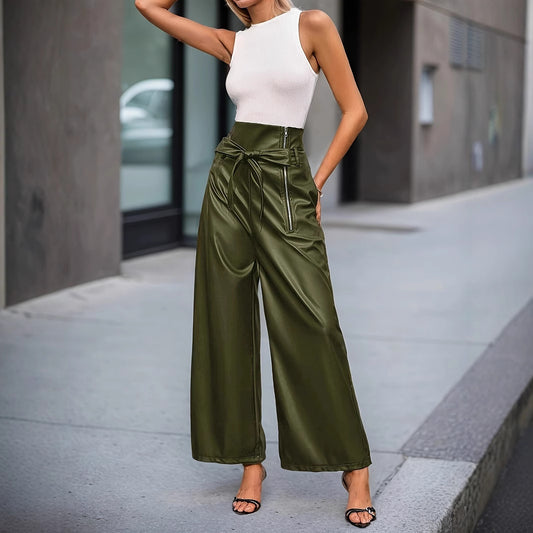 High Waist Faux Leather Wide Leg Pants with Belt