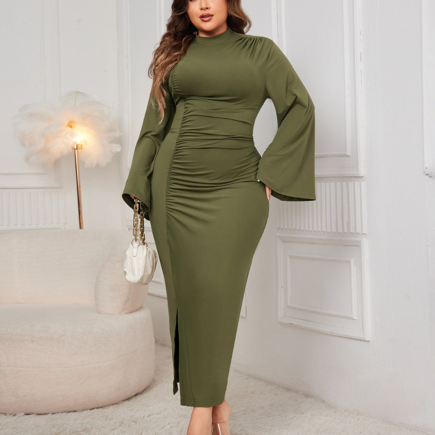 Plus Size Solid Color Slit Sheath Turtleneck Dress