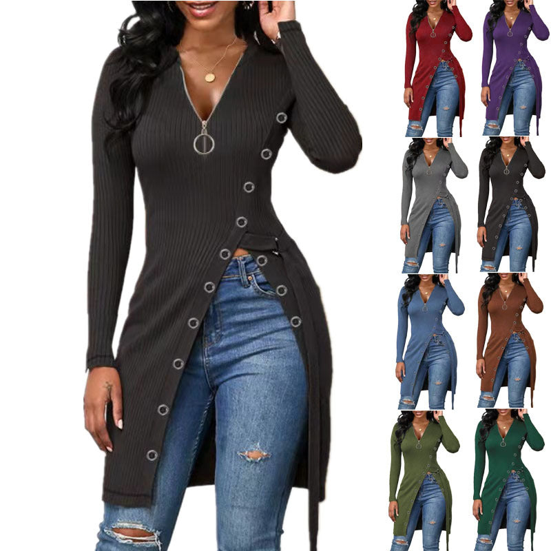 Autumn Winter Women Clothing V-neck Long Sleeve High Slit Thread Zipper T-shirt Top  Shop One Place