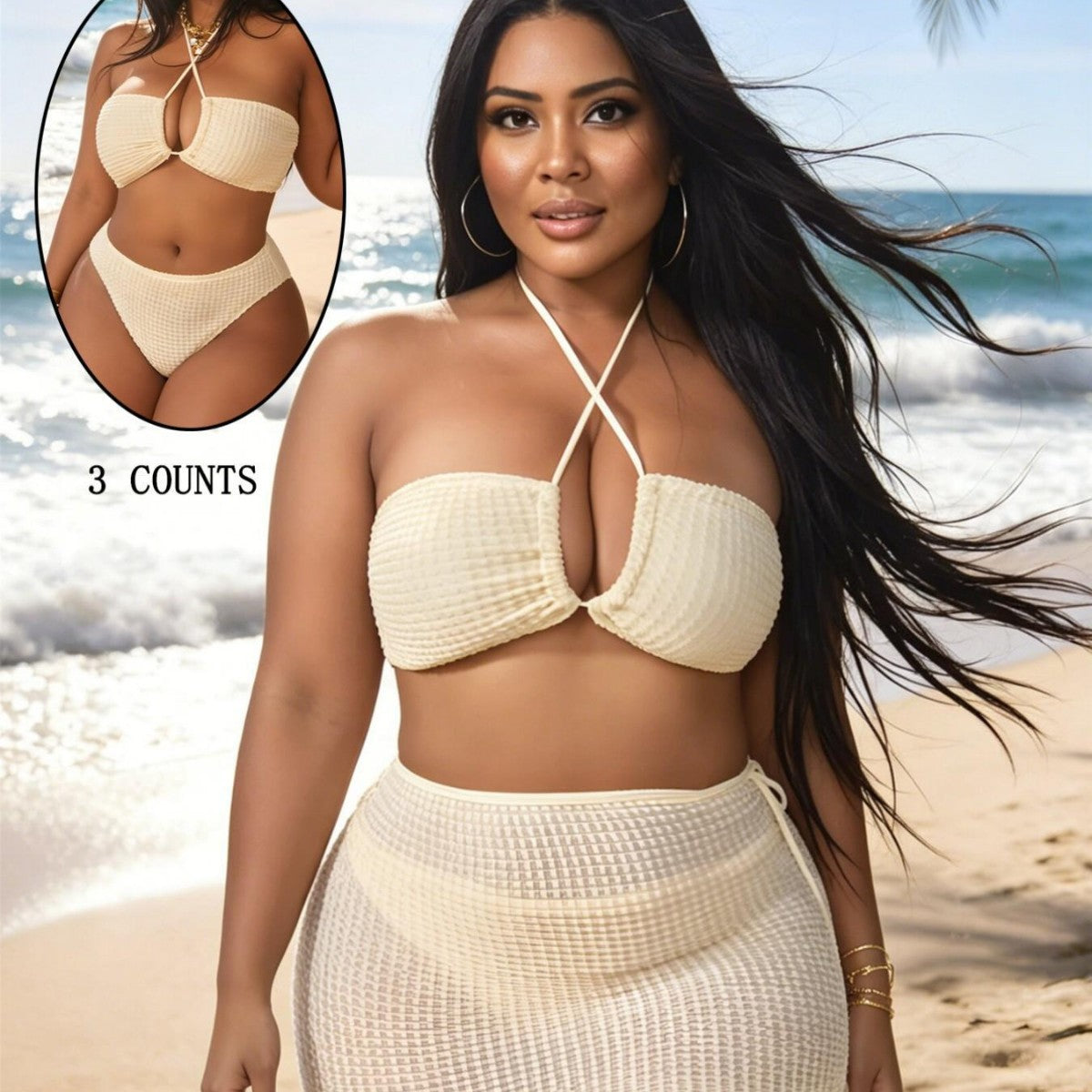 Plus Size Cross Halterneck Sexy Split Bikini Overskirt Three Piece Sets  Shop One Place