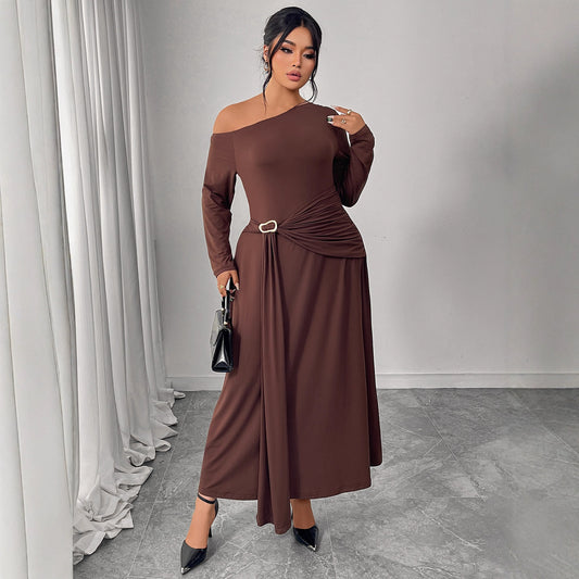 One Shoulder Coffee Maxi Dress with Waist Detail