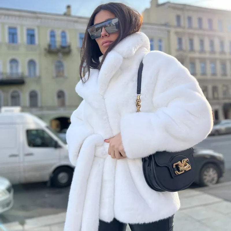 Luxe Belted Imitation Rabbit Fur Coat  Shop One Place