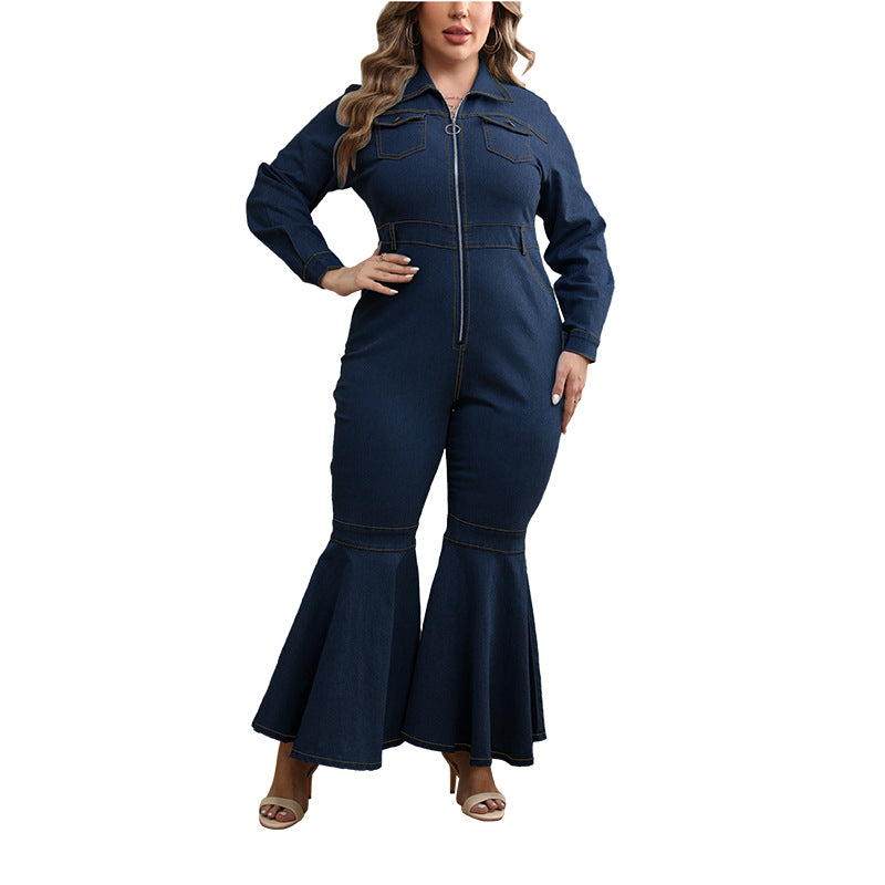 Plus Size Women Denim Zipper Collared Long Sleeve Flared Jumpsuit  Shop One Place